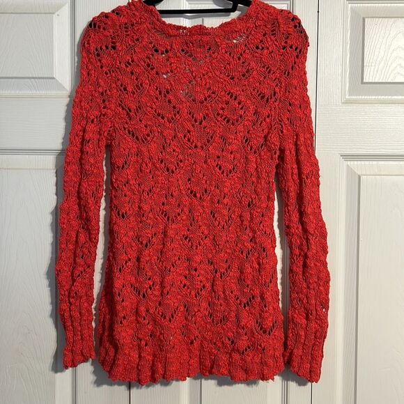 LUCKY  BRAND Size Small Open Crochet Pink Coral Tunic Sweater V-Neck Jewel Tone - Picture 6 of 6